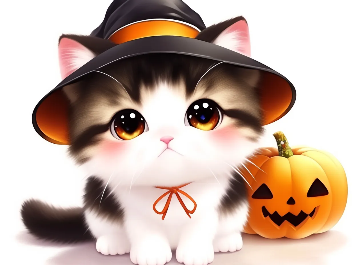 ハロウィン猫とリアルふわもこ魔女帽｜リアルな毛並みと大きな瞳が印象的なハロウィン猫。光沢のある帽子と立体的なカボチャが高い質感で、写真のような仕上がり。