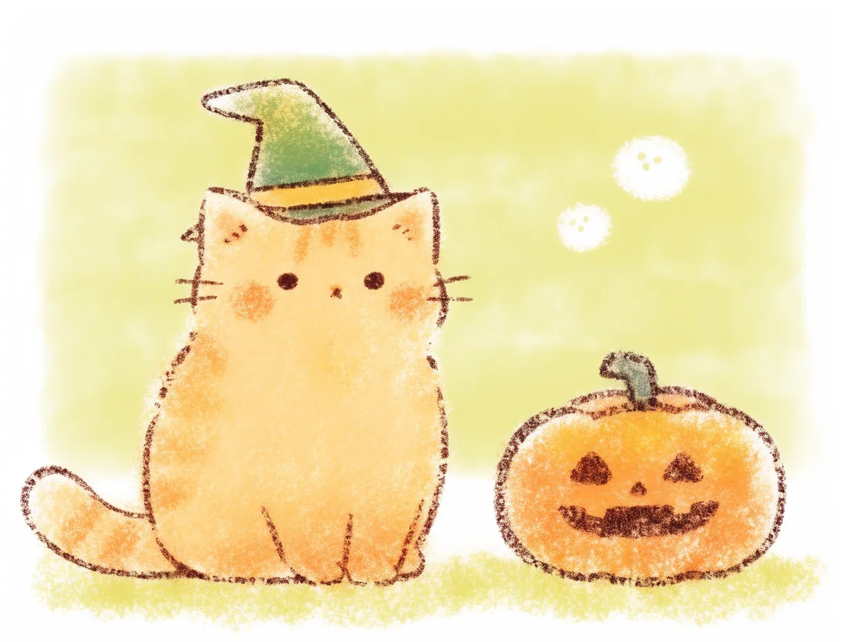ハロウィン猫とクレヨン風ほっこり魔女｜クレヨンタッチの柔らかい描線が特徴のハロウィン猫。暖かみのあるオレンジと緑の色調が、秋らしくノスタルジックな印象を与える。