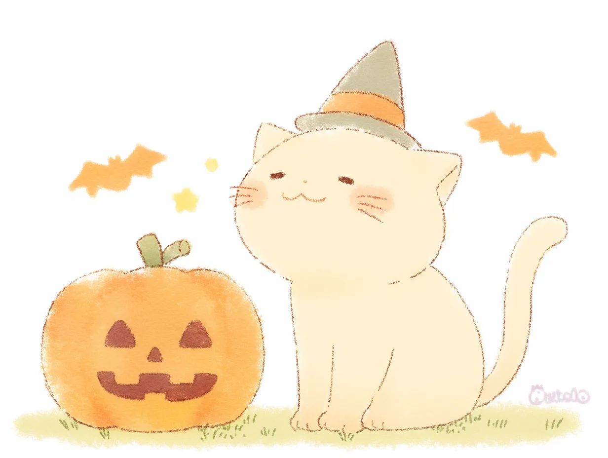 ハロウィン猫と草原の笑顔魔女｜ふんわりとした水彩風のタッチが優しい印象のハロウィン猫。緑の帽子とコウモリの飾りが秋の童話的な雰囲気を演出。