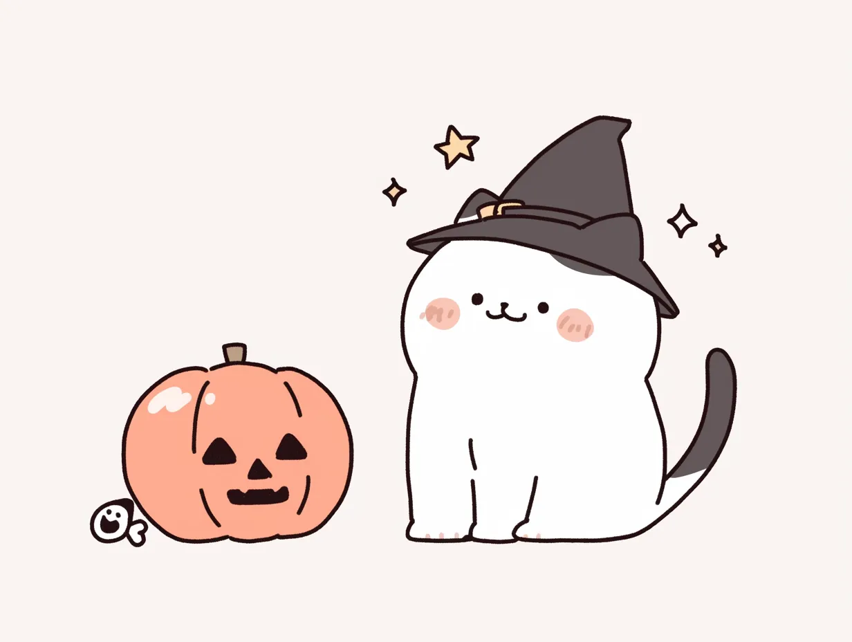 ハロウィン猫とまんまるかぼちゃと星｜背景の星や魚の骨まで丁寧に描かれたユーモラスなハロウィン猫。シンプルながらも細部に遊び心が光るイラストデザイン。