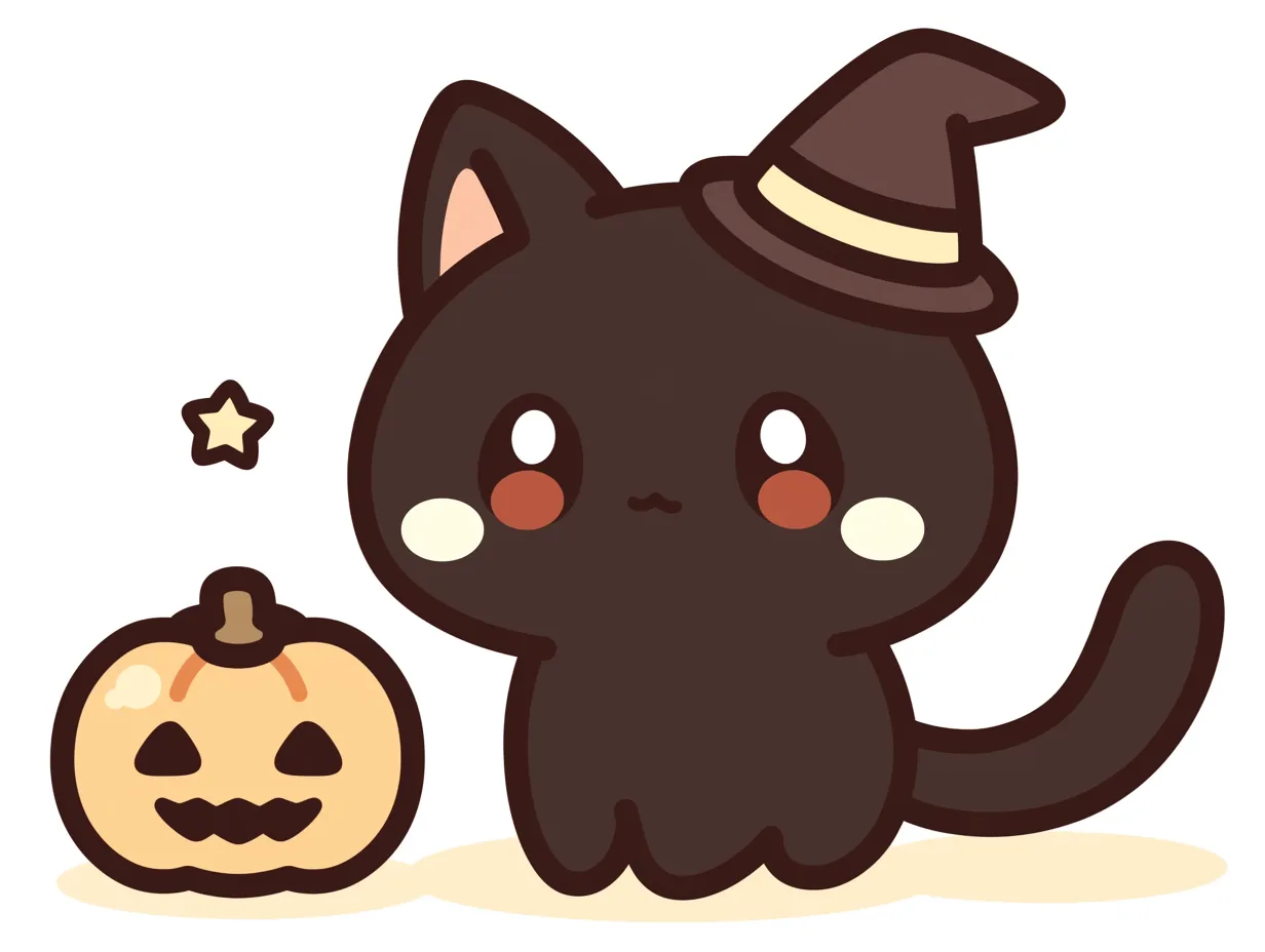 ハロウィン黒猫とまんまるジャック｜帽子をかぶった黒猫が、まるっこく優しい表情のカボチャと寄り添うデザイン。やわらかく濃い茶色とクリーム色でまとめられた配色が温かく、癒し系の雰囲気を演出している。