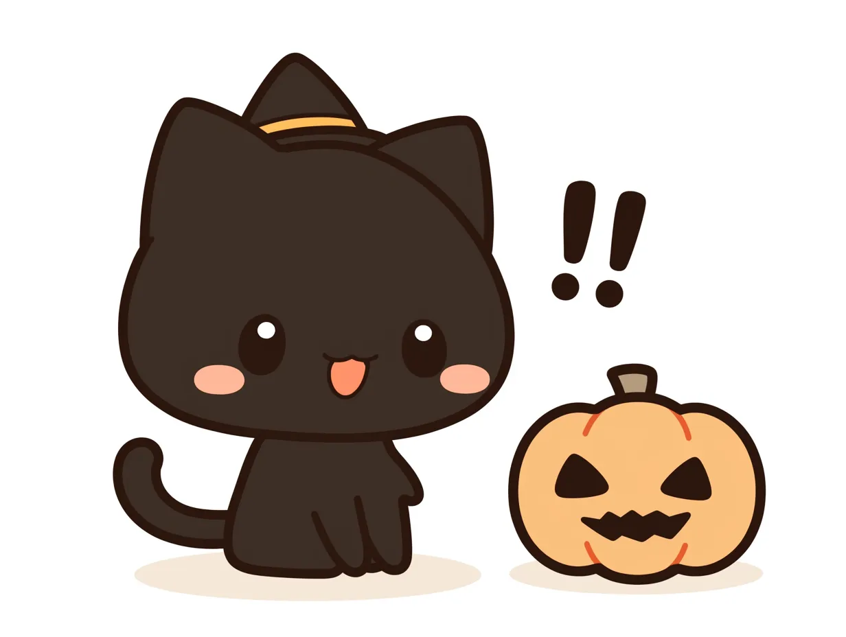 ハロウィン黒猫とびっくりカボチャ｜黒猫がカボチャを見つけて驚いたような、絵文字的表現が楽しい構図。ポップな線とシンプルな色使いで、子ども向けのスタンプやカードにもぴったりな印象。