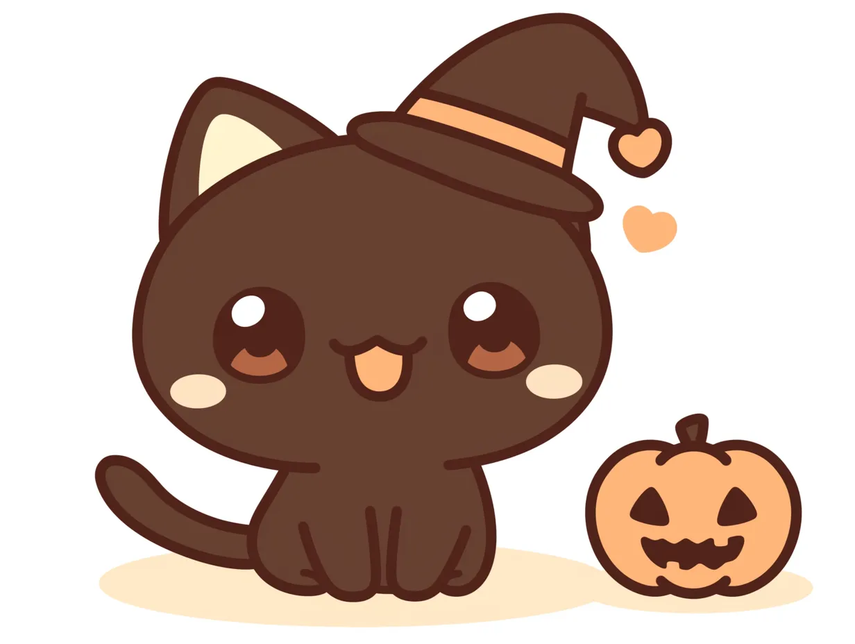 ハロウィン黒猫と笑顔の魔法使い｜茶色ベースの黒猫が微笑みながらカボチャと並ぶ、優しくポジティブな空気感のイラスト。オレンジ系ハートがアクセントになっていて、キュートな魔法世界の一コマのよう。
