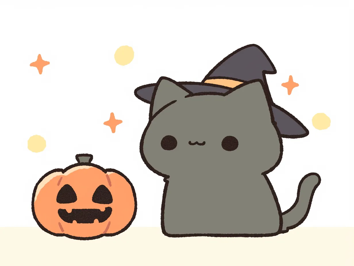 ハロウィン黒猫と素朴なパンプキン｜マットな質感で描かれたグレートーンの黒猫とカボチャのコンビ。背景には点描のような星が配置され、落ち着いたトーンの中に可愛らしさが光る、絵本風の仕上がり。