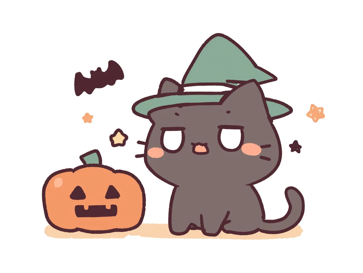 ハロウィン黒猫とあやしげな夜空｜淡い発色のイラストで、黒猫が半目気味にこちらを見るユーモラスな構図。緑の魔法帽と夜空の星がハロウィンらしい不思議さをプラスし、ゆるかわな印象を与える。