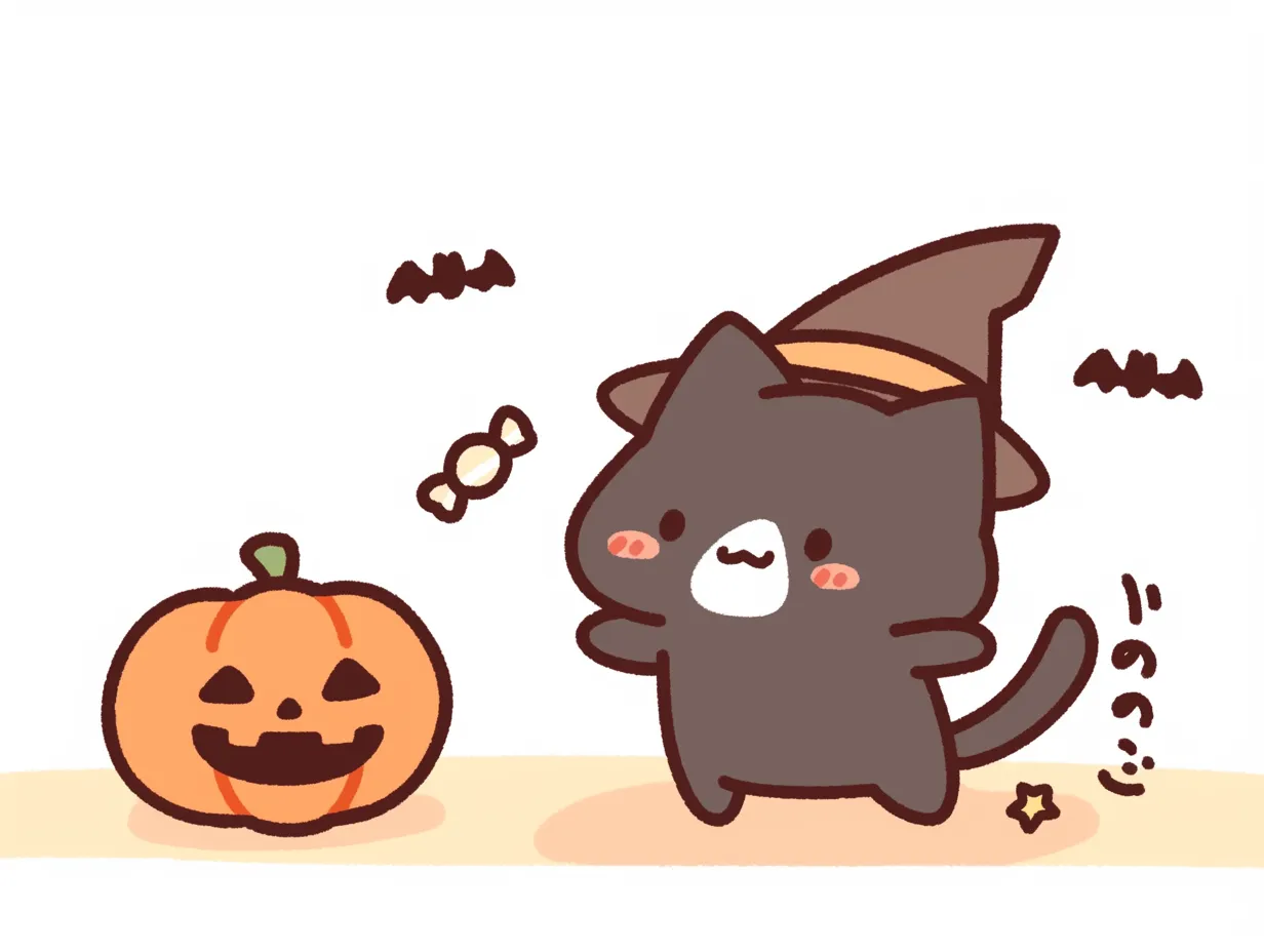 ハロウィン黒猫とトリックな時間｜元気に手を上げた黒猫がキャンディを飛ばす、動きのあるハロウィン演出。帽子やこうもり、星といった定番モチーフもあり、季節感たっぷりのワンシーンになっている。