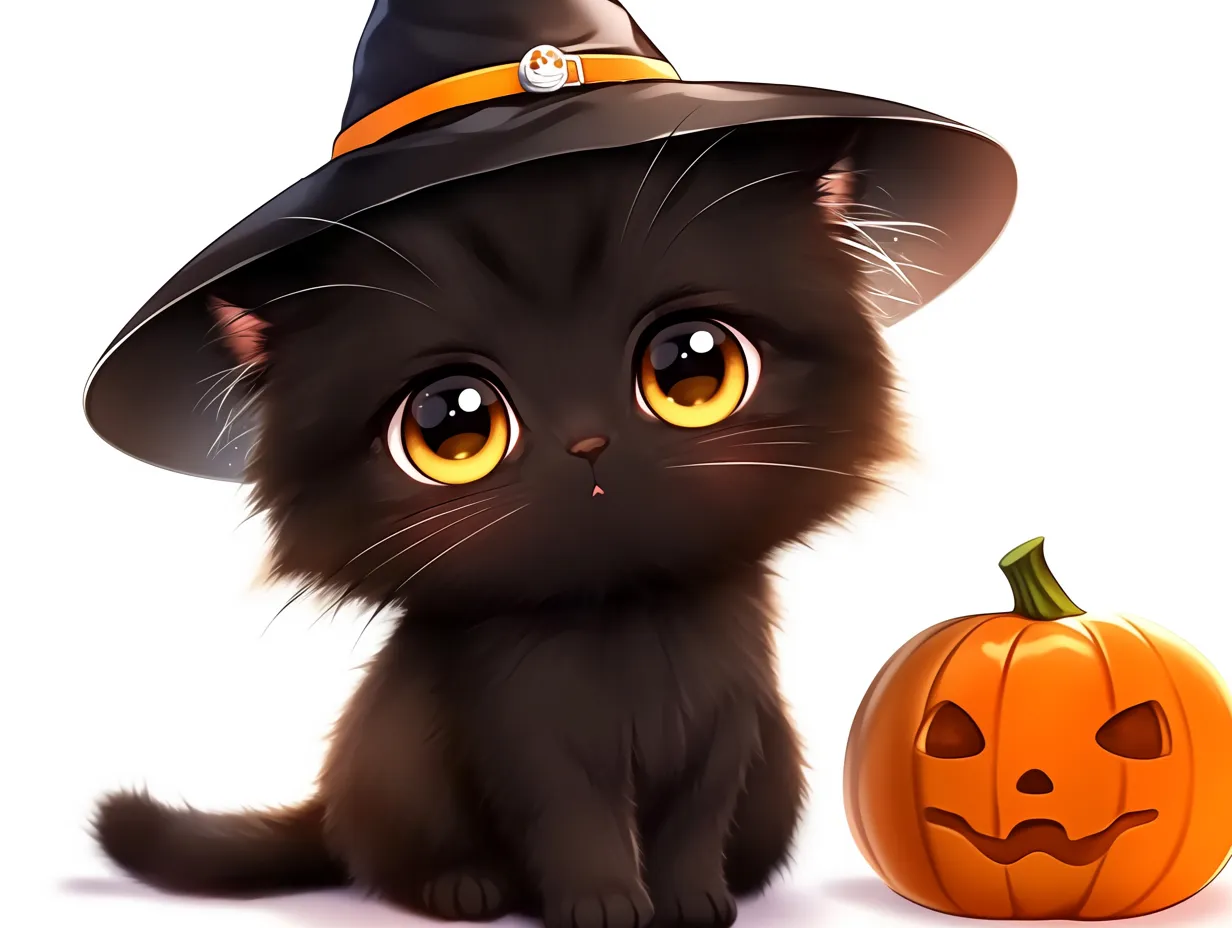 ハロウィン黒猫とリアルなパンプキン｜黒猫がリアルタッチで描かれており、大きな瞳と柔らかな毛並みが印象的。写実的な描写のカボチャとともに、幻想的で高級感あるハロウィンアートを形成している。