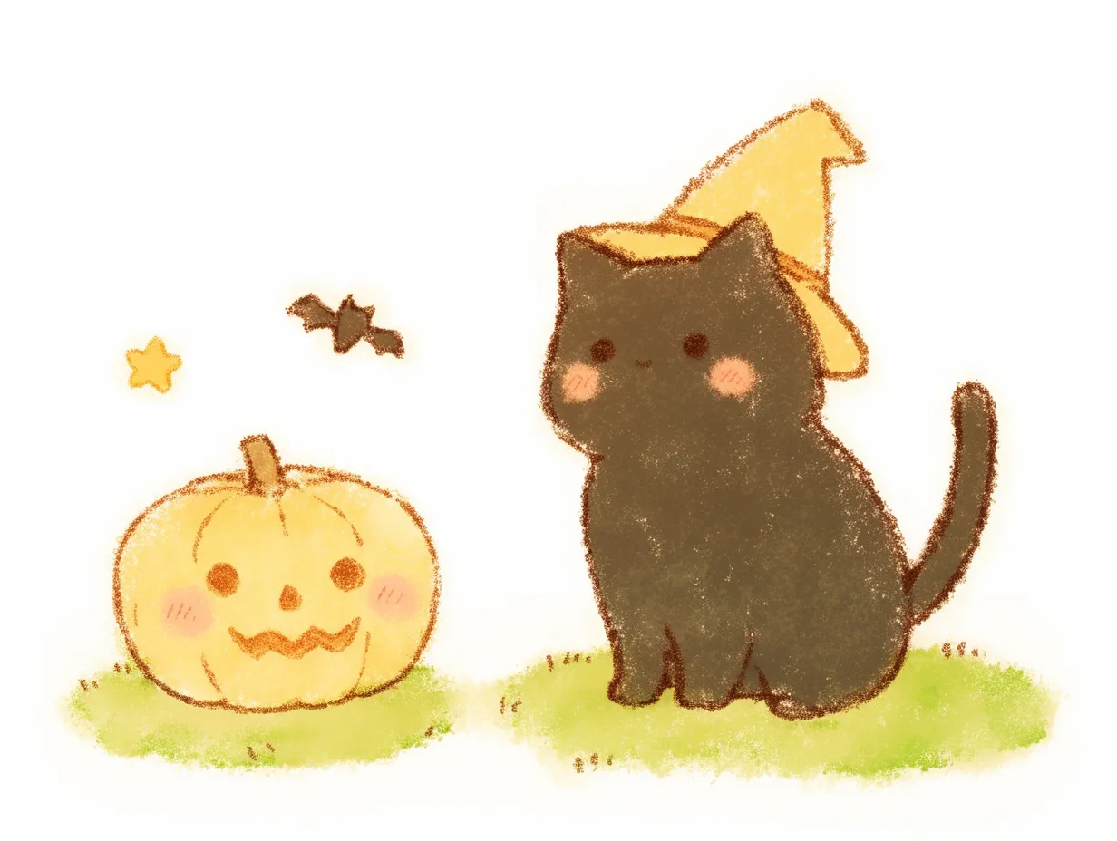 ハロウィン黒猫とふわふわイラスト｜パステル調の色彩とクレヨンタッチで描かれた黒猫とカボチャ。全体がふんわりとした質感で統一されており、ほのぼのとした季節の挿絵のような印象を与える。