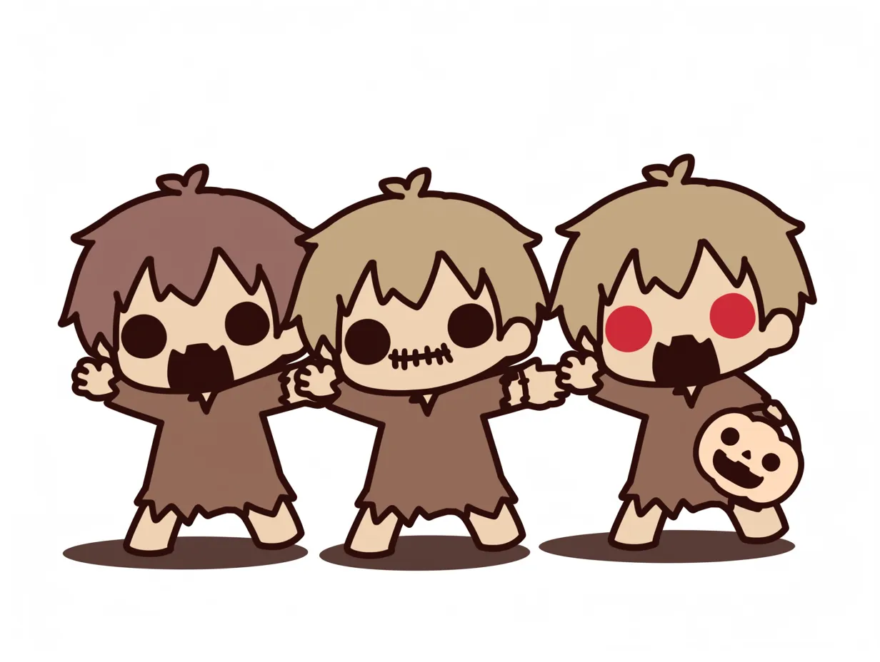 ハロウィンゾンビなかよし三兄弟｜ボロボロの衣装で手をつなぐ3人のゾンビ風キャラが、コミカルに揃って驚いた表情。アメコミ調の太線と簡略な顔パーツが可愛さを引き立てるポップ系ハロウィンイラスト。