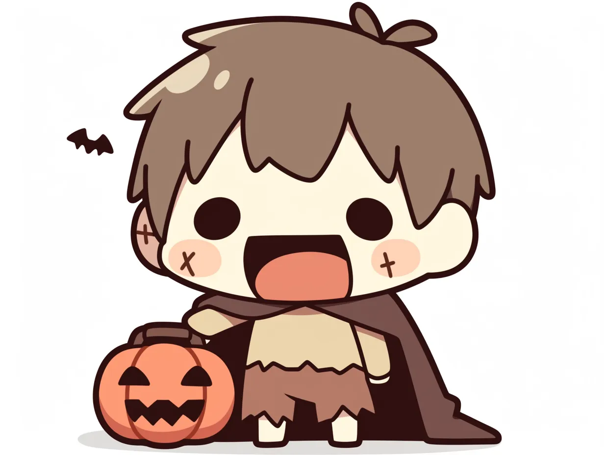ハロウィンゾンビのびっくり少年｜ボロ服にマント姿のゾンビ少年が、かぼちゃバケツを手に元気に叫ぶ様子がキュート。柔らかい線とまるっとした頬のデザインが親しみやすい印象を与える。