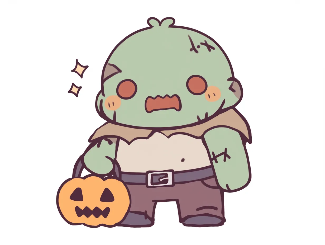 ハロウィンゾンビのどっしりくん｜筋肉質でずんぐり体型のゾンビくんが、驚いた表情でかぼちゃを持つ姿がユーモラス。くすみ系の色調と大きな手足のデフォルメが特徴的な癒し系モンスター。
