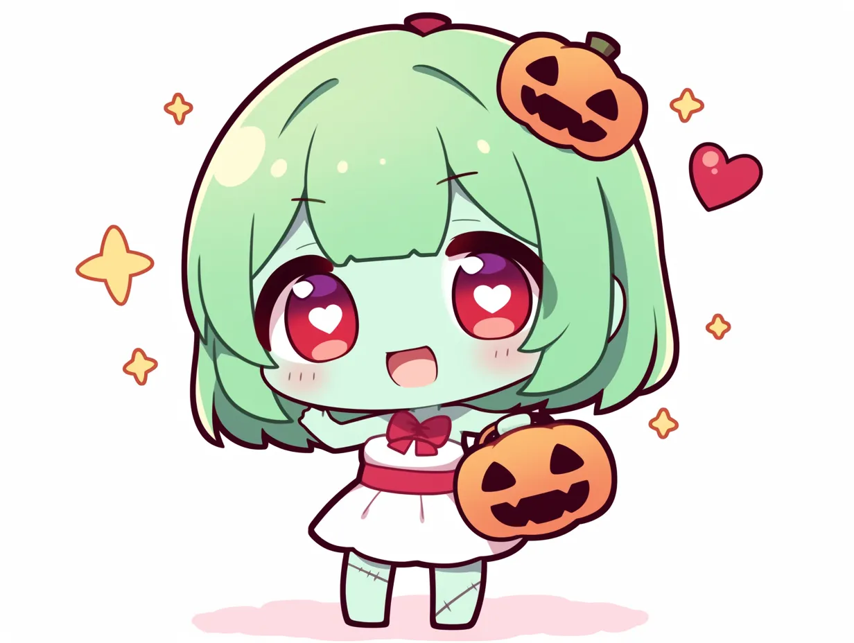 ハロウィンゾンビのアイドル少女｜ゾンビ風の女の子がキラキラの目と笑顔でポーズ。緑肌にリボンと白ワンピが映え、キュートなホラー感を表現。ラブリー要素強めの萌えイラスト調。