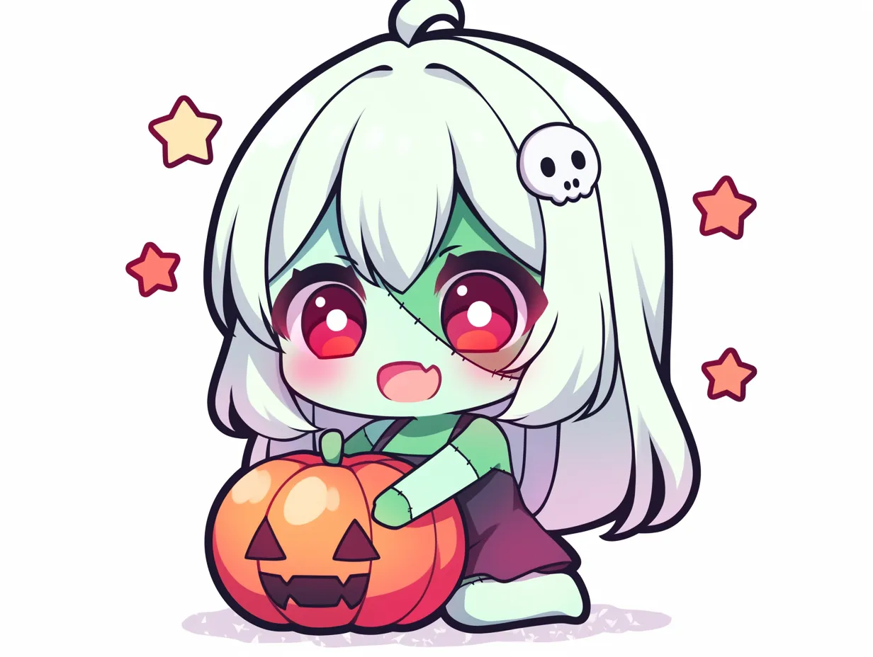 ハロウィンゾンビのパンプキン娘｜長い白髪と頭のドクロ飾りが印象的なゾンビ風少女が、かぼちゃにぎゅっと抱きつく構図。縫い目のディテールとピンク系の演出でポップかわいい雰囲気。