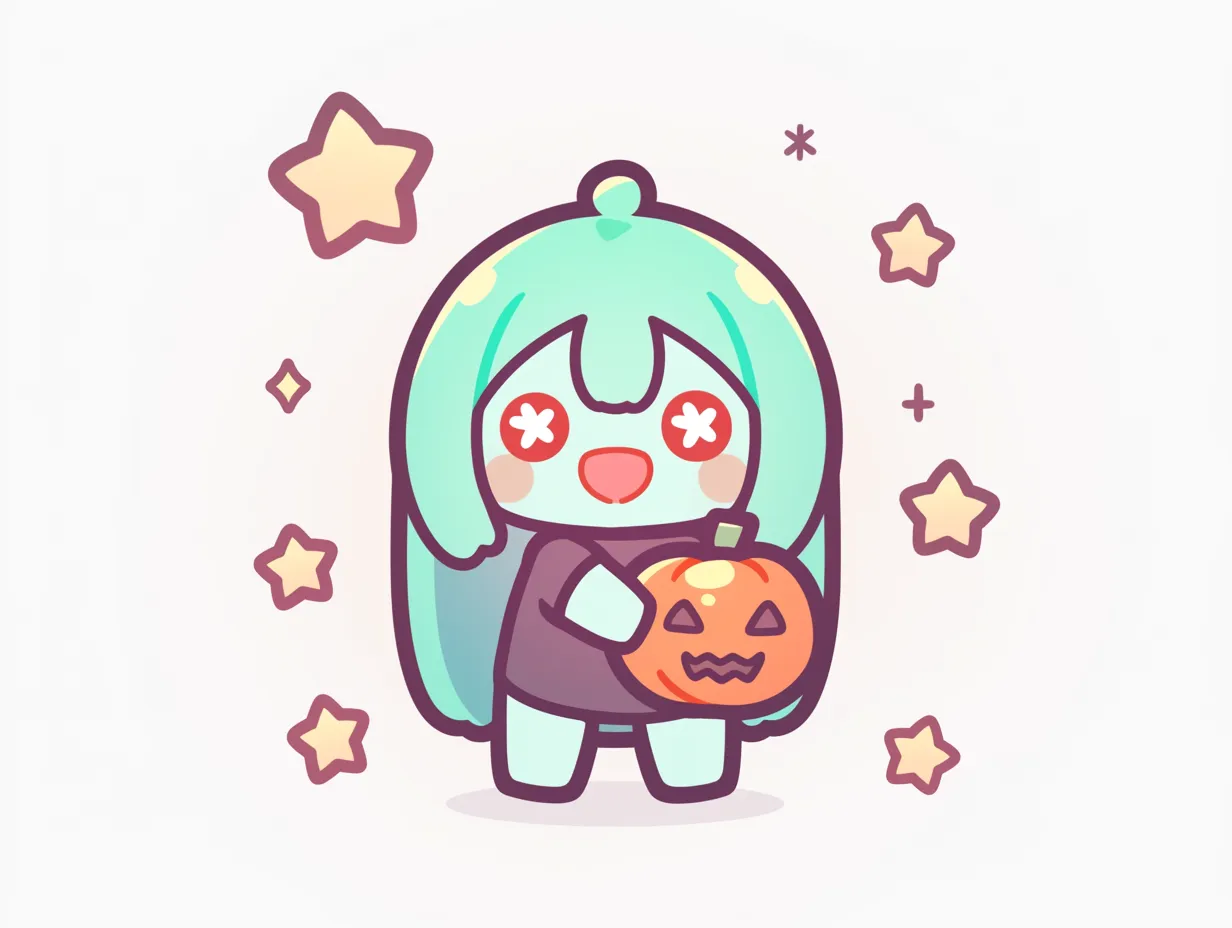 ハロウィンゾンビのポップチビちゃん｜デフォルメの強いチビキャラが、星に囲まれてパンプキンを掲げる構図。水色の髪と×印の目が特徴で、ハロウィンの楽しいムードを明るく伝える。