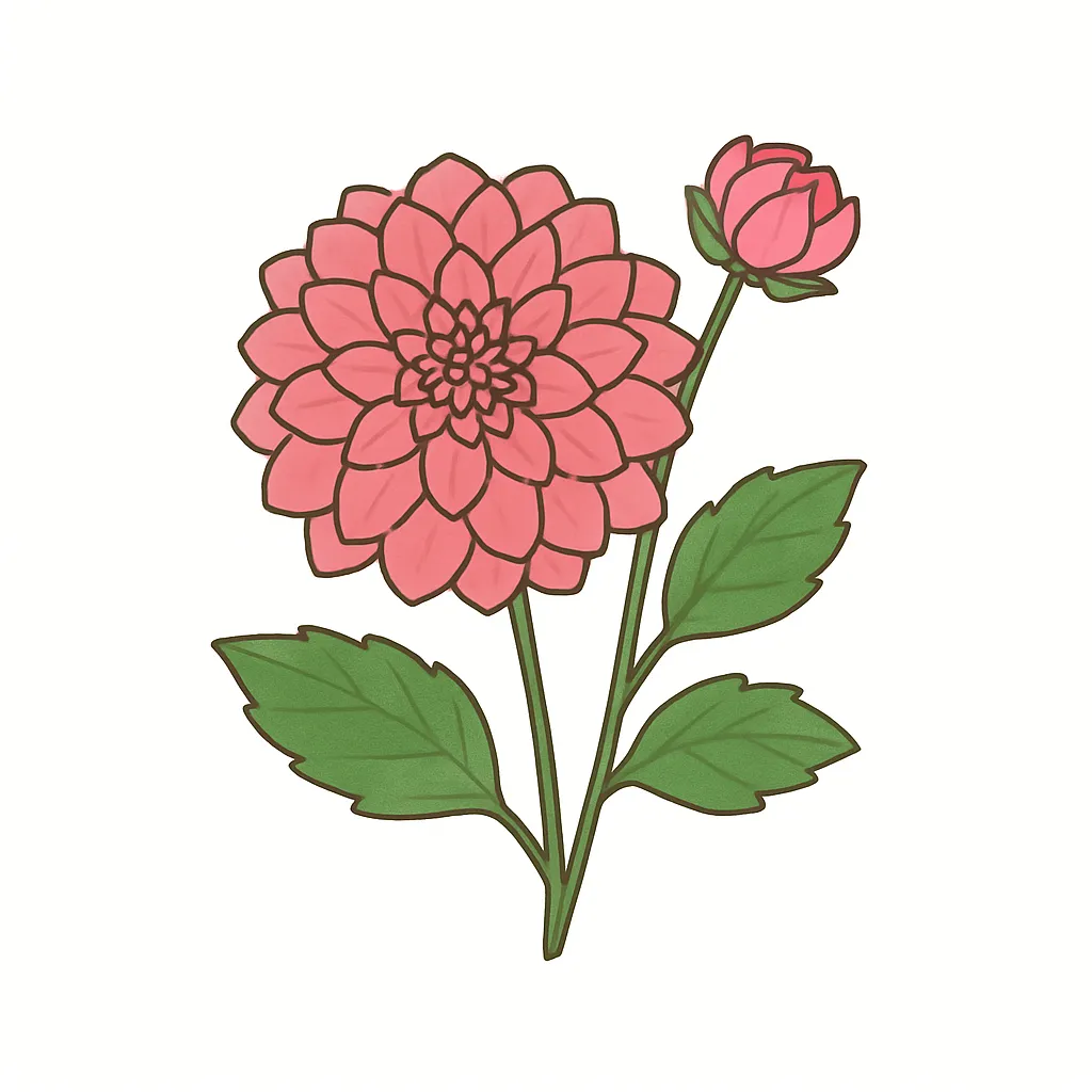 10月花・ダリアの華やかラインアート｜幾重にも重なる花びらが美しいピンクのダリアを、線の強弱を活かして丁寧に描写。シンプルながら存在感のある華やかな印象です。