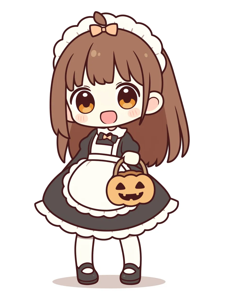 ハロウィンメイドの元気ガール｜クラシカルなメイド服姿の女の子がパンプキンバスケットを持ってにっこり。デフォルメ感と明るい表情が親しみやすい、王道キュート系のイラストスタイル。