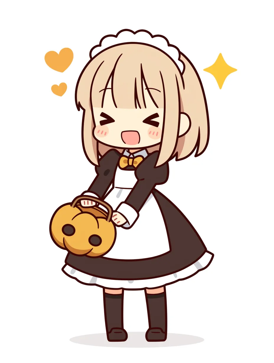 ハロウィンメイドのにこにこ娘｜笑顔満点の金髪メイドが大きなパンプキンを両手で持つ元気な構図。オレンジのハートやきらめきで楽しげな雰囲気を演出するポップ＆ハッピーな仕上がり。