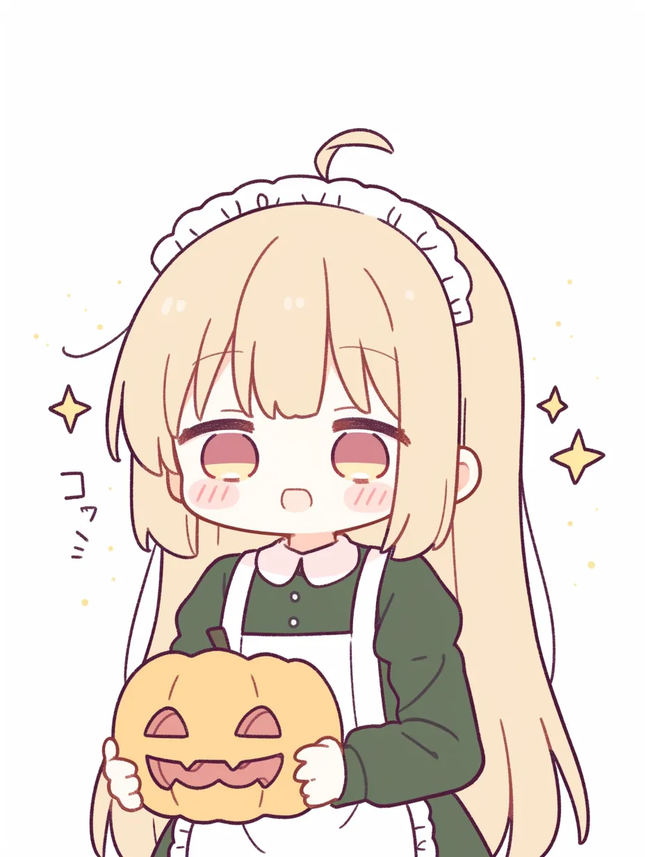 ハロウィンメイドのぽやぽや少女｜淡い色調と優しい線で描かれた、かぼちゃを抱えるおっとり系メイド。眠たげな表情が癒しを感じさせる、ゆるふわテイストのほんわか系イラスト。