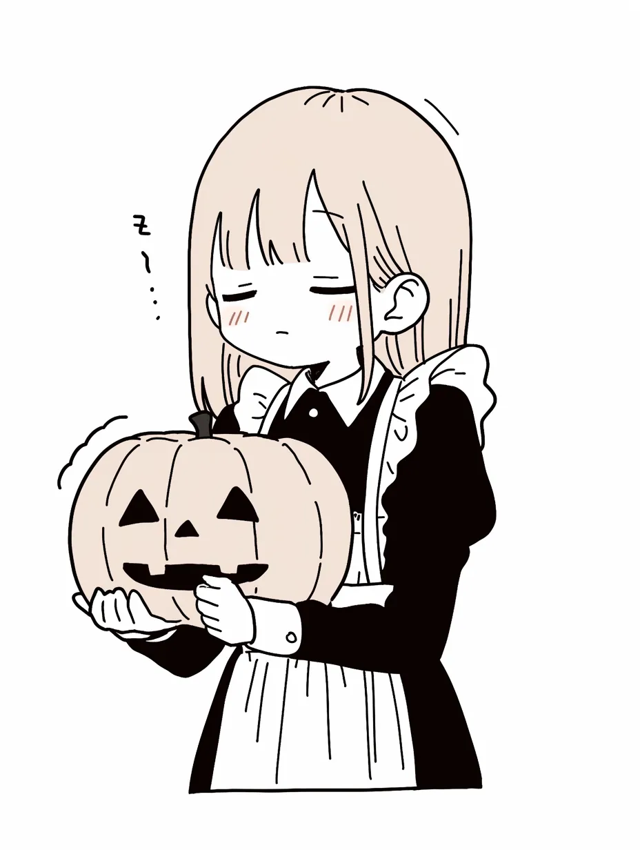 ハロウィンメイドのそっと係｜シンプルな配色と最小限の線で描かれたメイドが、そーっとパンプキンを差し出すシュールな構図。漫画の1コマのような無表情が逆にクセになる作風。