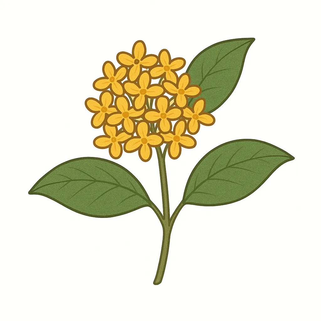 10月花・金木犀のふんわり香る秋風景｜丸みのある黄色の花と大きな葉がバランスよく配置され、見ているだけで香りが届きそうな金木犀のイラスト。優しい線画が特徴です。