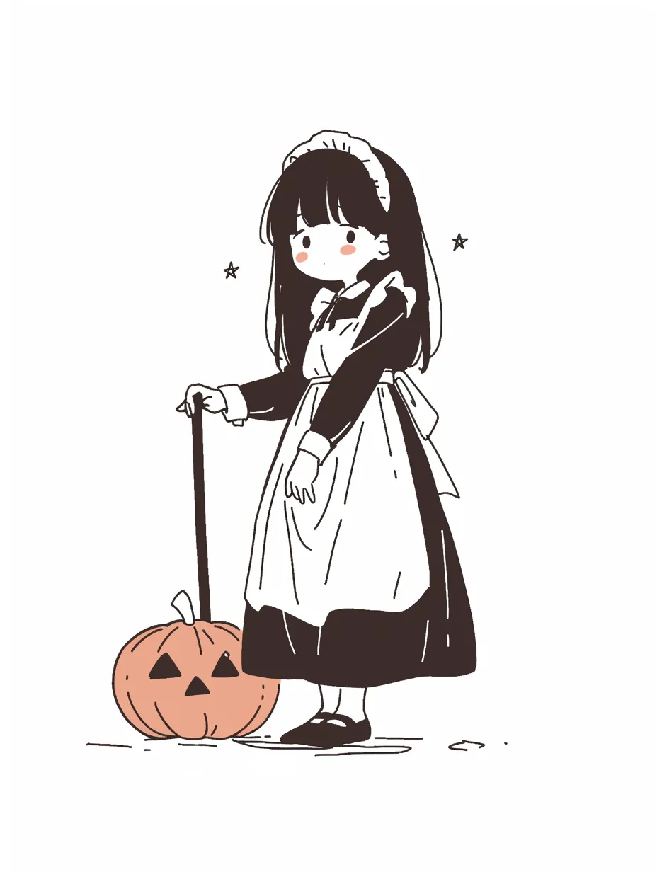 ハロウィンメイドのクラシカル少女｜モノトーンの線画と淡い色でまとめられた、レトロ調のメイド姿。ジャックオランタンの杖を添えた構図が物語を感じさせる、絵本のような世界観。