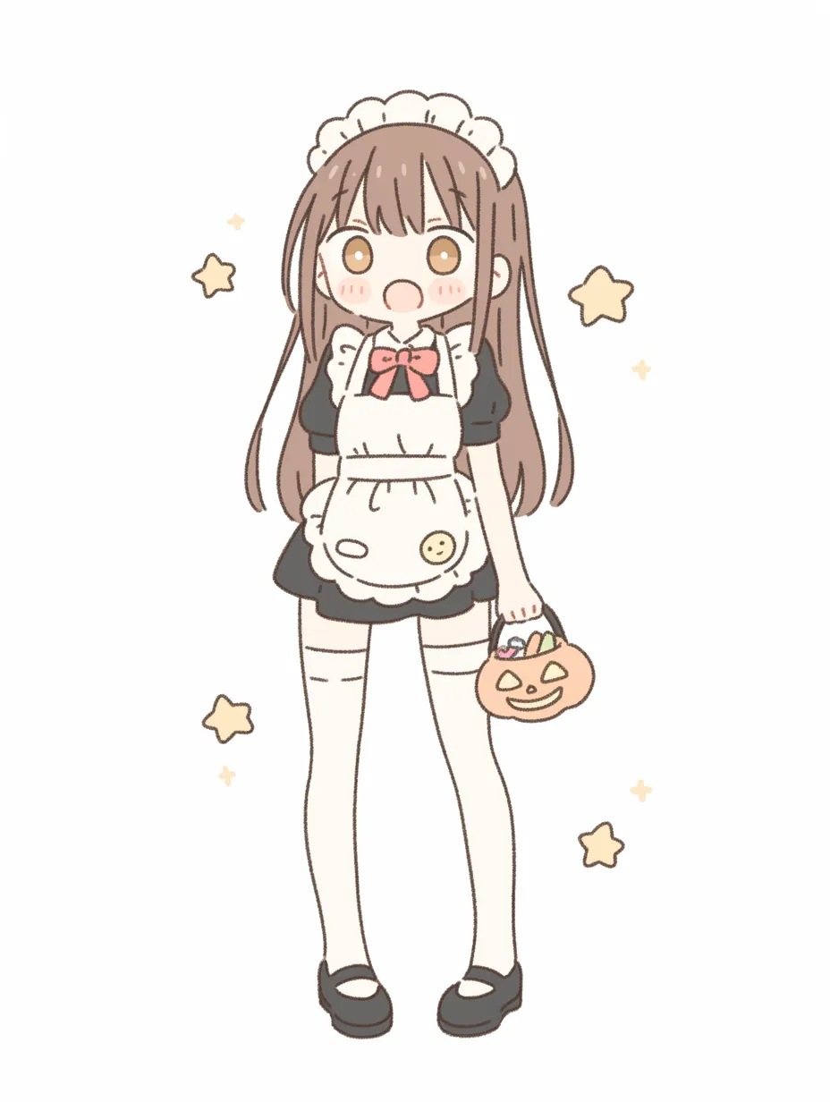 ハロウィンメイドのお菓子好きガール｜パステル系の優しい彩色で、お菓子いっぱいのパンプキンバケツを持つメイドさん。細かな装飾やリボン使いがかわいらしく、星が舞う明るい雰囲気。