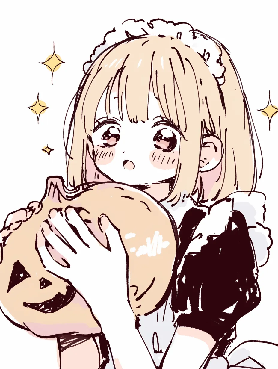ハロウィンメイドとカボチャを抱く少女｜淡いパステル調の色彩とラフな線描が特徴のイラストで、メイド姿の少女がジャックオランタンを抱える可愛らしい構図。ほんのり照れた表情が優しく、柔らかくあたたかな雰囲気を演出している。