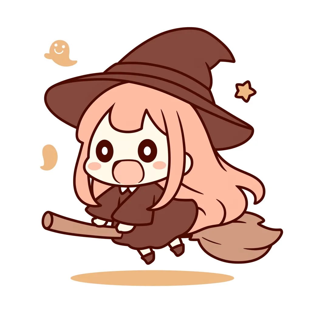 ハロウィン魔女のほうきっ子｜茶色系の色合いでまとめたキュートな魔女がほうきに乗って空を飛ぶ構図。丸みを帯びたデフォルメと表情が、ふんわりポップな空気感を演出。