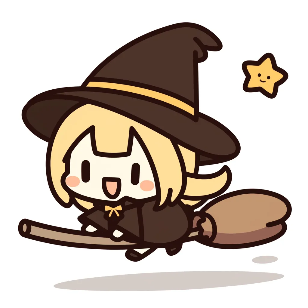 ハロウィン魔女の元気っ娘｜明るい金髪の魔女が笑顔でほうきに乗る姿。元気いっぱいの表情と星の装飾が楽しげなハロウィンの雰囲気を軽やかに伝える、コミカルなデザイン。