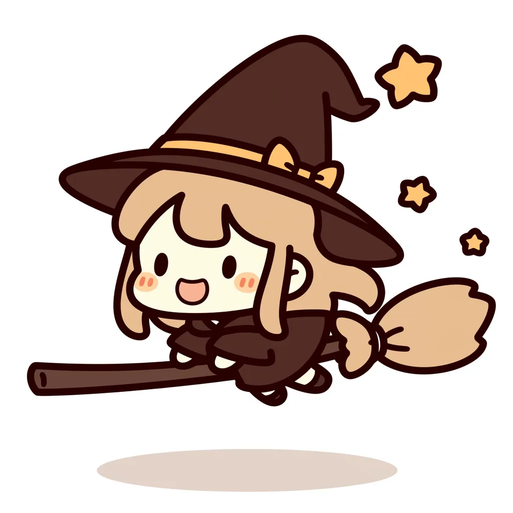 ハロウィン魔女のリボンちゃん｜リボン付きのとんがり帽子が特徴的な魔女キャラ。優しいブラウンとオレンジの配色でまとめられ、全体に落ち着きと可愛らしさが漂う暖かみのあるスタイル。