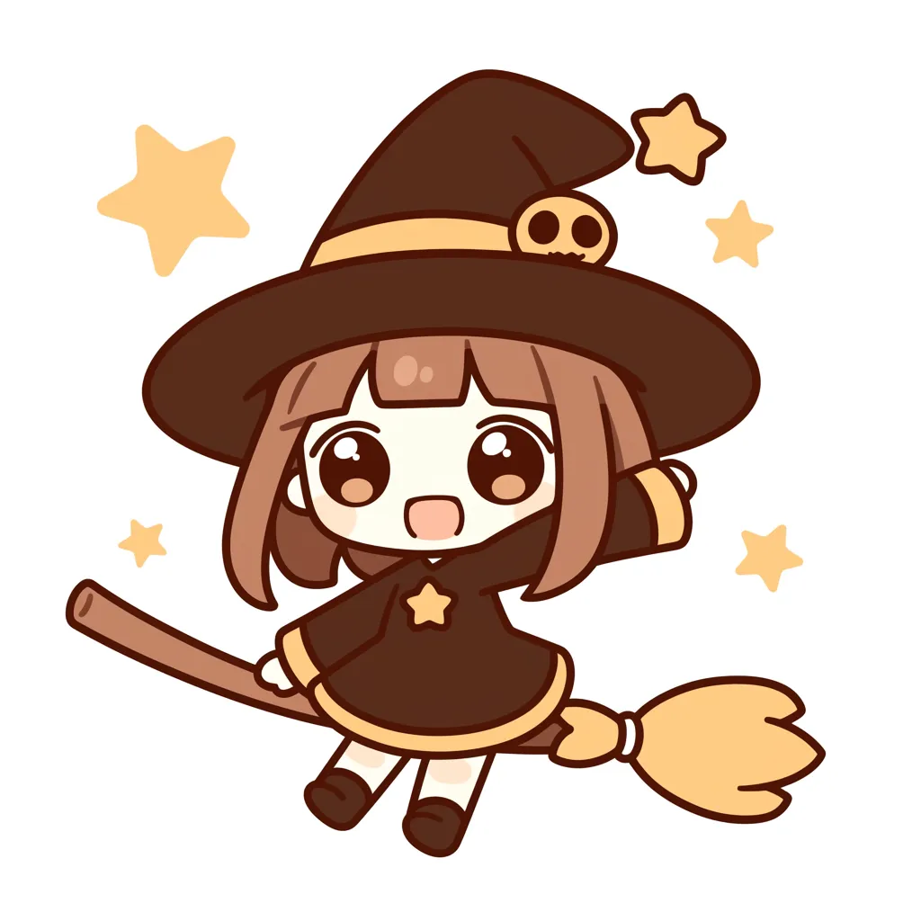 ハロウィン魔女のスカーレット｜帽子にスカル飾りをあしらった魔女っ娘が片手をあげて空中を飛行。ぱっちり目と星の装飾が華やかで、ポップで元気なハロウィン感にあふれた一枚。