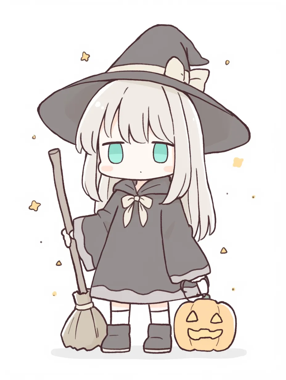ハロウィン魔女のふんわり少女｜ほうきとパンプキンを手にした淡色魔女キャラ。儚げな水色の瞳とくすみ系配色が静かな魔女の佇まいを表現し、幻想的でやさしい雰囲気を醸し出している。