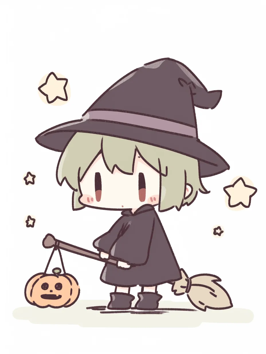 ハロウィン魔女のランタン少女｜かぼちゃランタンを杖の先につるした魔女。淡い配色とほのかな表情が穏やかな雰囲気を醸し出し、やさしくてちょっぴり不思議な空気感が漂う。