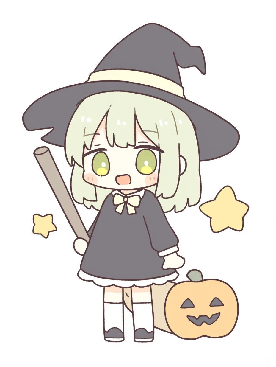 ハロウィン魔女のぱっちり娘｜明るいライムグリーンの髪と瞳が印象的な魔女。キラキラ目とリボンの装飾がキュートで、パステル調の軽やかな配色がやさしいハロウィン感を表現。