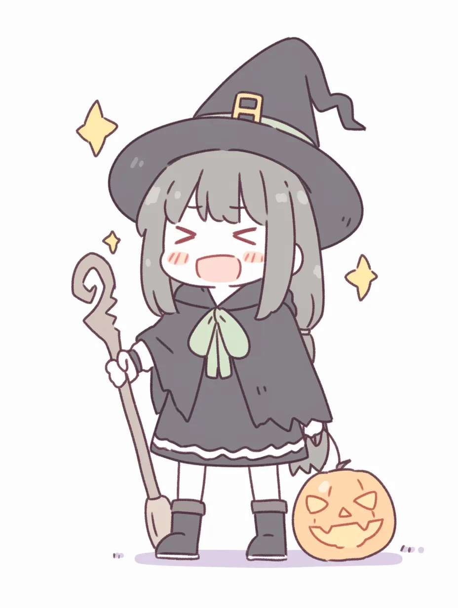 ハロウィン魔女の大笑いっ子｜満面の笑顔が目を引く魔女キャラ。少しくすんだ色味で統一され、レトロな可愛らしさと元気なエネルギーを兼ね備えたデフォルメスタイル。