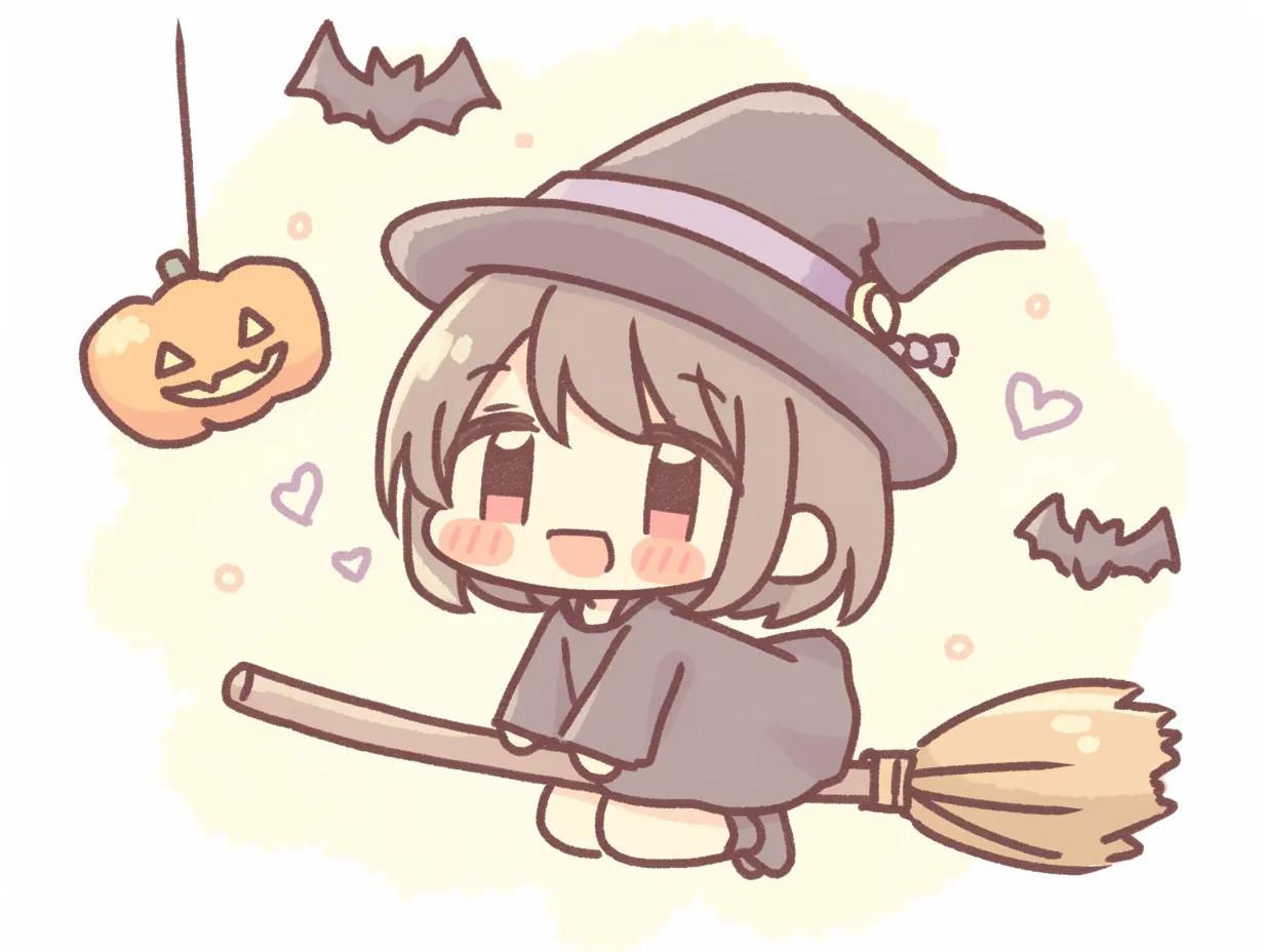 ハロウィン魔女のふわふわホウキ｜ふんわりした背景とやわらかい線が印象的な魔女の空飛ぶ姿。パンプキンやコウモリの小物と共に、ほのぼの癒し系のハロウィンを演出。