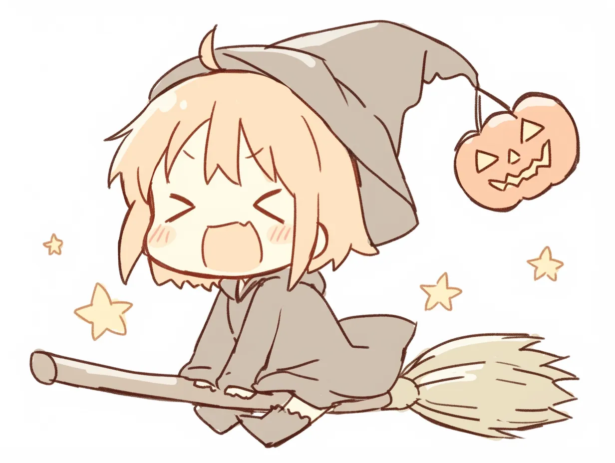 ハロウィン魔女のピョンピョン娘｜跳ねるような躍動感があるほうき乗りの魔女。ハイライトの効いた表情と、パンプキン付きの帽子が元気なハロウィンの空気を明るく伝える。