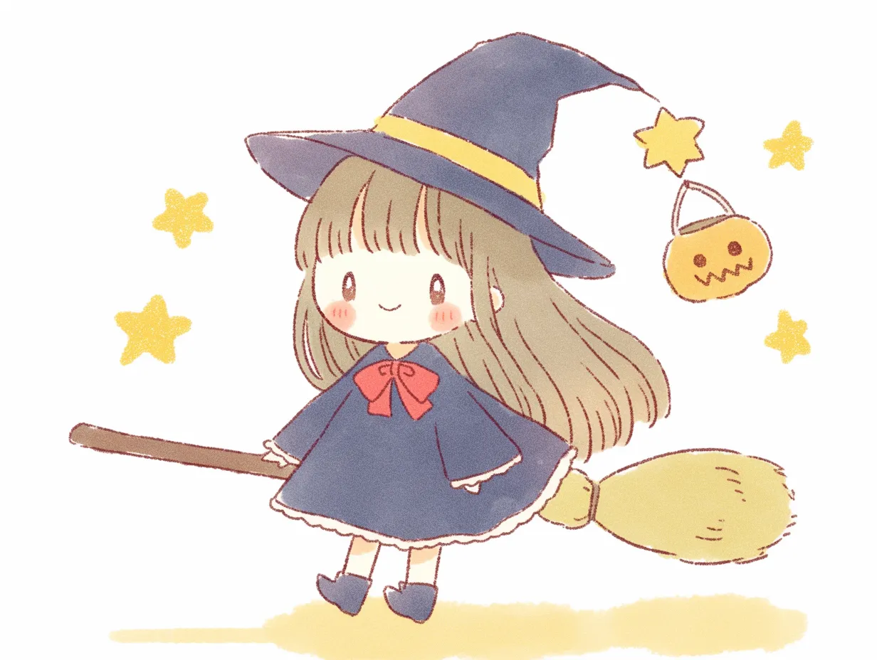 ハロウィン魔女の星降る少女｜星やパンプキンがふわりと浮かぶ中、ほうきにまたがる魔女。クレヨンタッチの線と柔らかい色合いで、絵本のような優しい世界観を表現している。