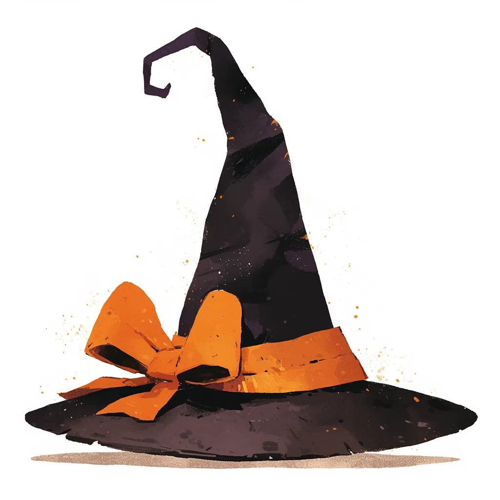 ハロウィン帽子と大きなリボンのデザイン｜鮮やかなオレンジのリボンが特徴的なハロウィン帽子のイラストです。黒とオレンジのコントラストが明快で、ビジネス素材として季節感の演出に最適です。視覚的なアクセントが強く広告や販促にも活用できます。