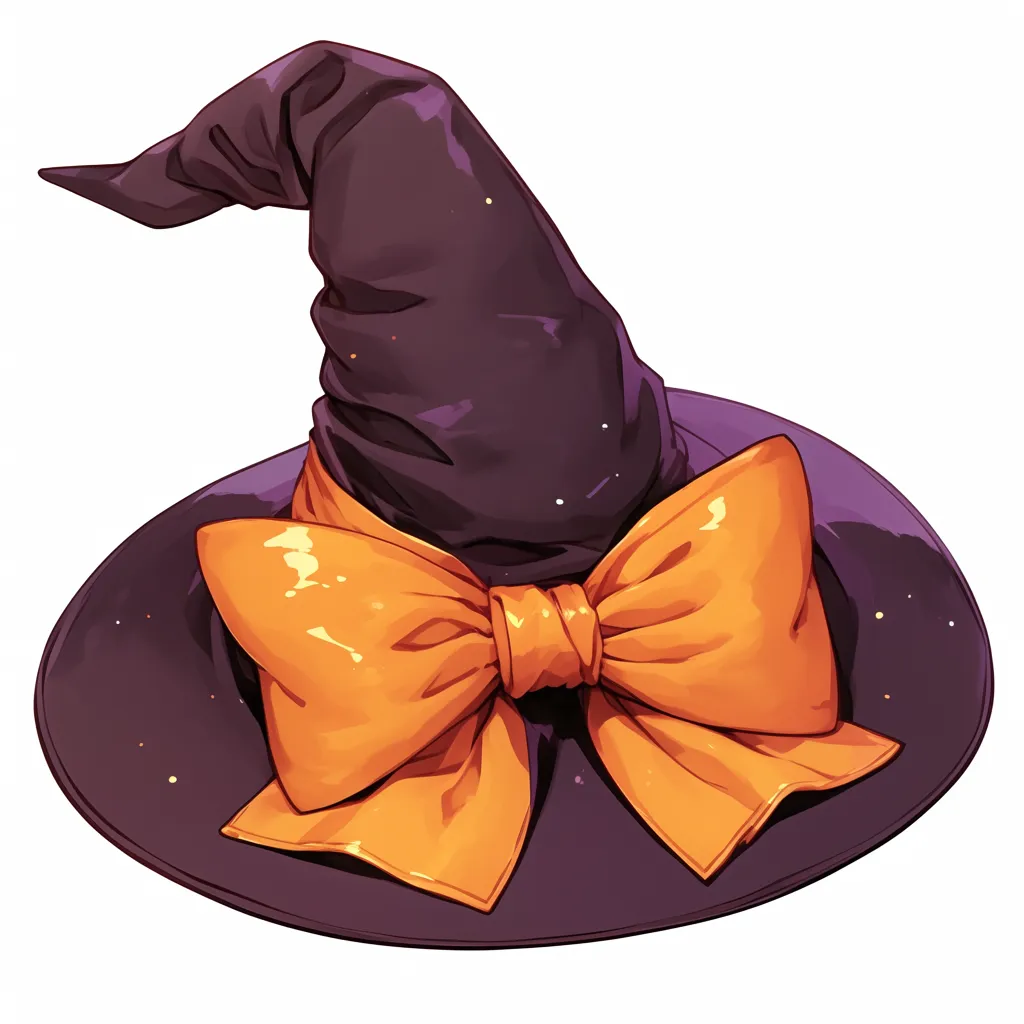 ハロウィン帽子と光沢感あるリボン｜黒い帽子に艶やかなオレンジリボンが映えるハロウィン帽子のデザインです。光の反射がリアルさを与え、洗練された雰囲気を表現しています。高級感あるビジネス資料や広告に適しています。