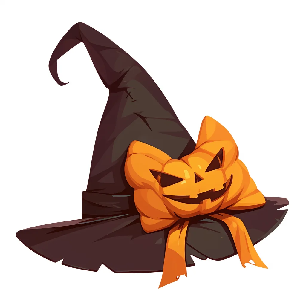 ハロウィン帽子とジャックランタン風リボン｜リボン部分がジャックランタンの顔になったユニークなハロウィン帽子のイラストです。遊び心あるデザインで、ビジネス用途ではイベント企画やキャンペーンの印象づけに効果的です。