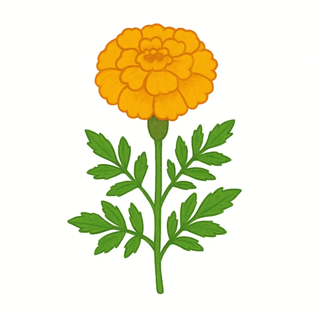 10月花・マリーゴールドの元気色｜明るいオレンジの花がぱっと咲くマリーゴールドのイラスト。生命力あふれる表情と濃い緑の葉が、元気で前向きな秋を演出します。
