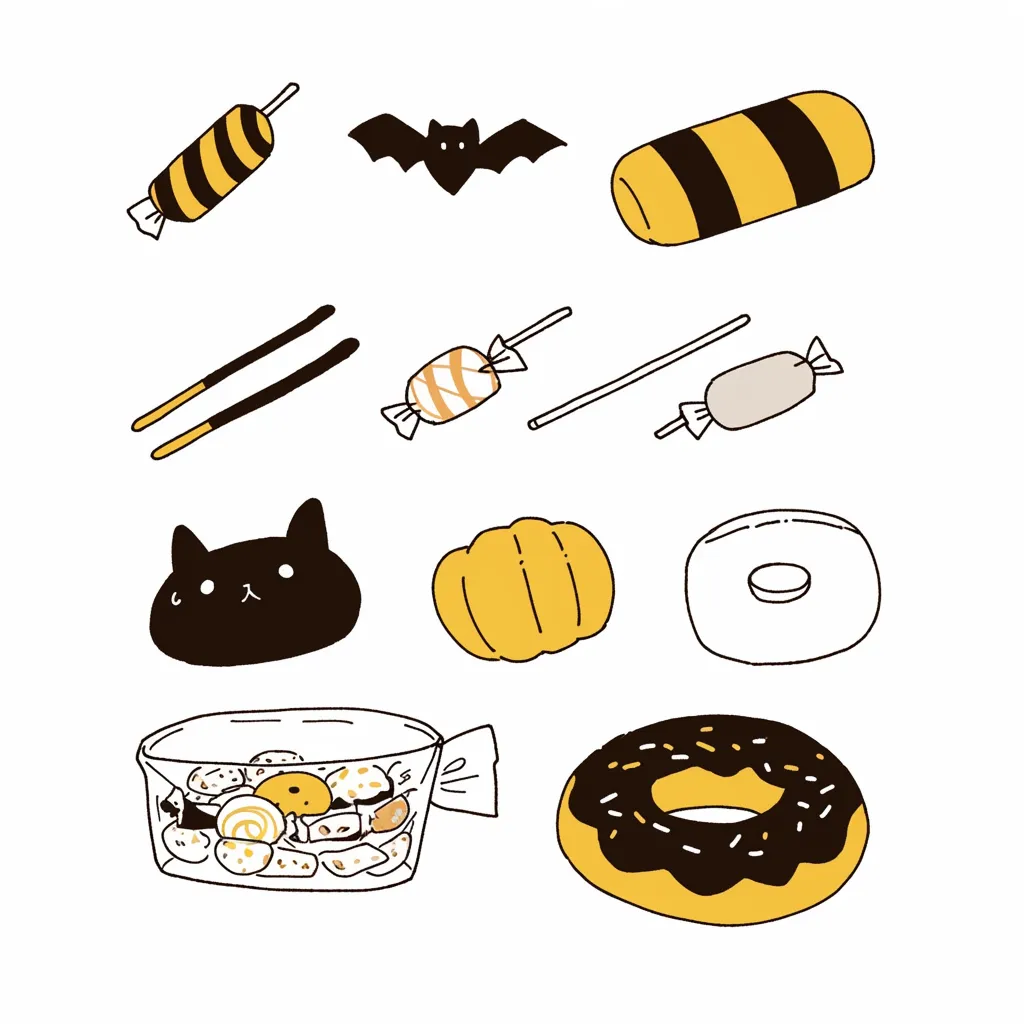 ハロウィンお菓子と黒猫シルエット｜黒猫やパンプキン、チョコ棒菓子などを中心に、ハロウィン感満載のゆるキャラおやつ。黄×黒の配色がアクセントで、遊び心あふれる構成が楽しい。