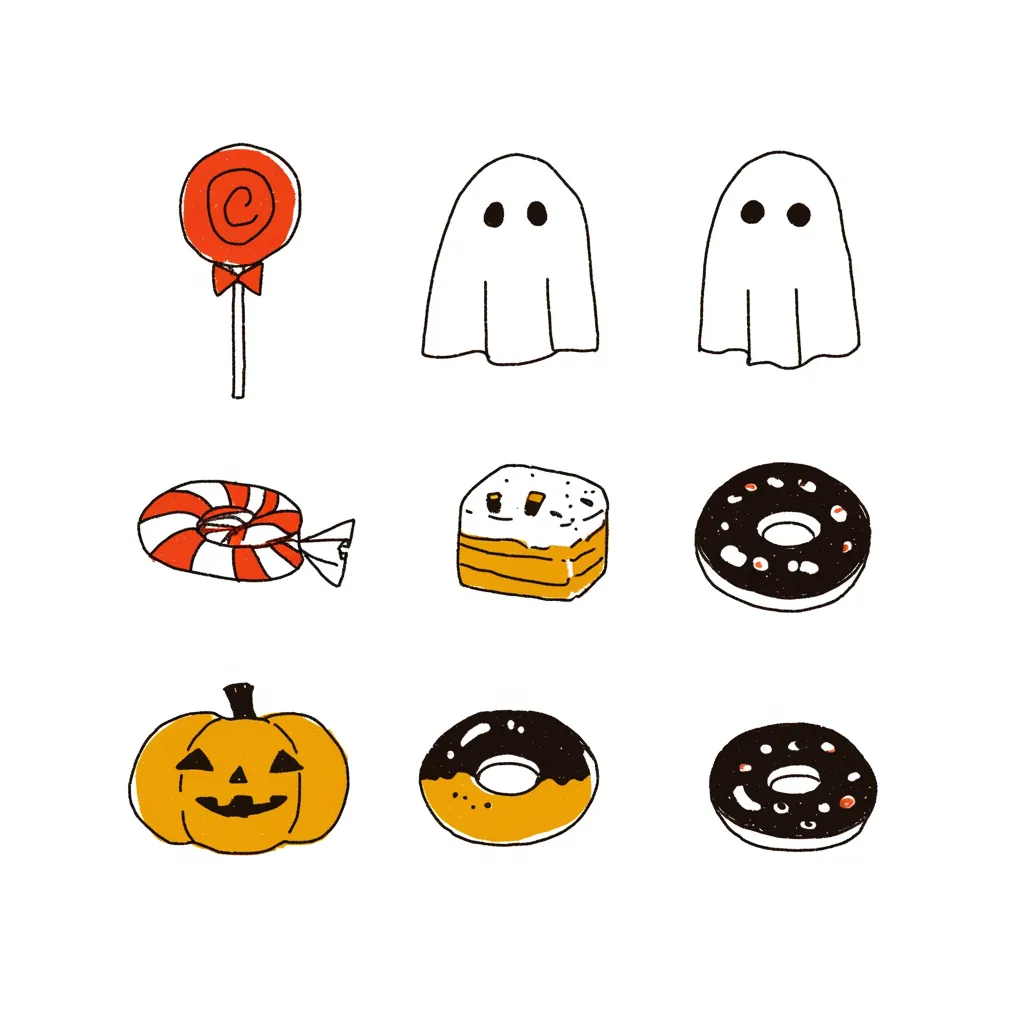 ハロウィンお菓子とおばけモチーフ｜ゴーストやジャックオランタン、ドーナツなどをアイコン風に配置。落書き風のラフさがユーモラスで、ハロウィンらしい賑やかさを可愛く演出している。