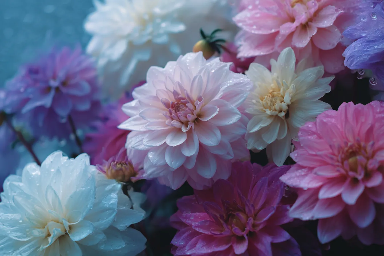 10月花写真・雨に濡れるダリアの輝き｜淡いピンクから深紅まで多彩なダリアが露に濡れ、透明感と艶やかさが際立つ写真作品。しっとりとした秋の空気を感じさせます。