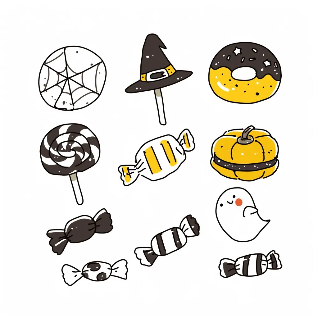 ハロウィンお菓子と棒つきキャンディ｜魔女帽子・かぼちゃ・おばけなどを棒つきのスイーツ化したデザイン。黒×黄のコントラストが映え、シンプルながらしっかり季節感を伝えるスタイル。