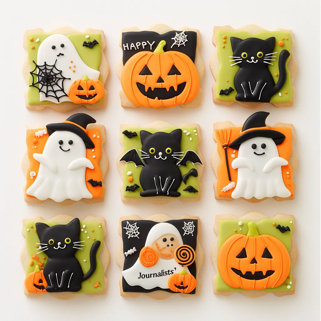 ハロウィンお菓子のゆるゴーストクッキー｜白・黒・オレンジを基調としたアイシングクッキー群。おばけ・ねこ・かぼちゃが可愛く並び、ほっこりとした手作り感が伝わるスイーツデザイン。