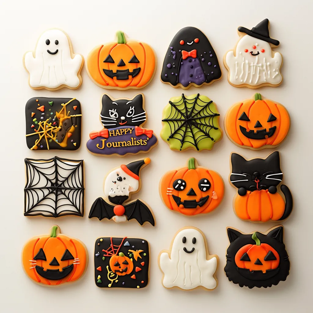 ハロウィンお菓子のパーティークッキー｜色とりどりのジャックオランタンや黒猫、クモの巣が並ぶ楽しいクッキーたち。表情豊かでポップな構図が、ハロウィンの賑やかさを存分に表現。