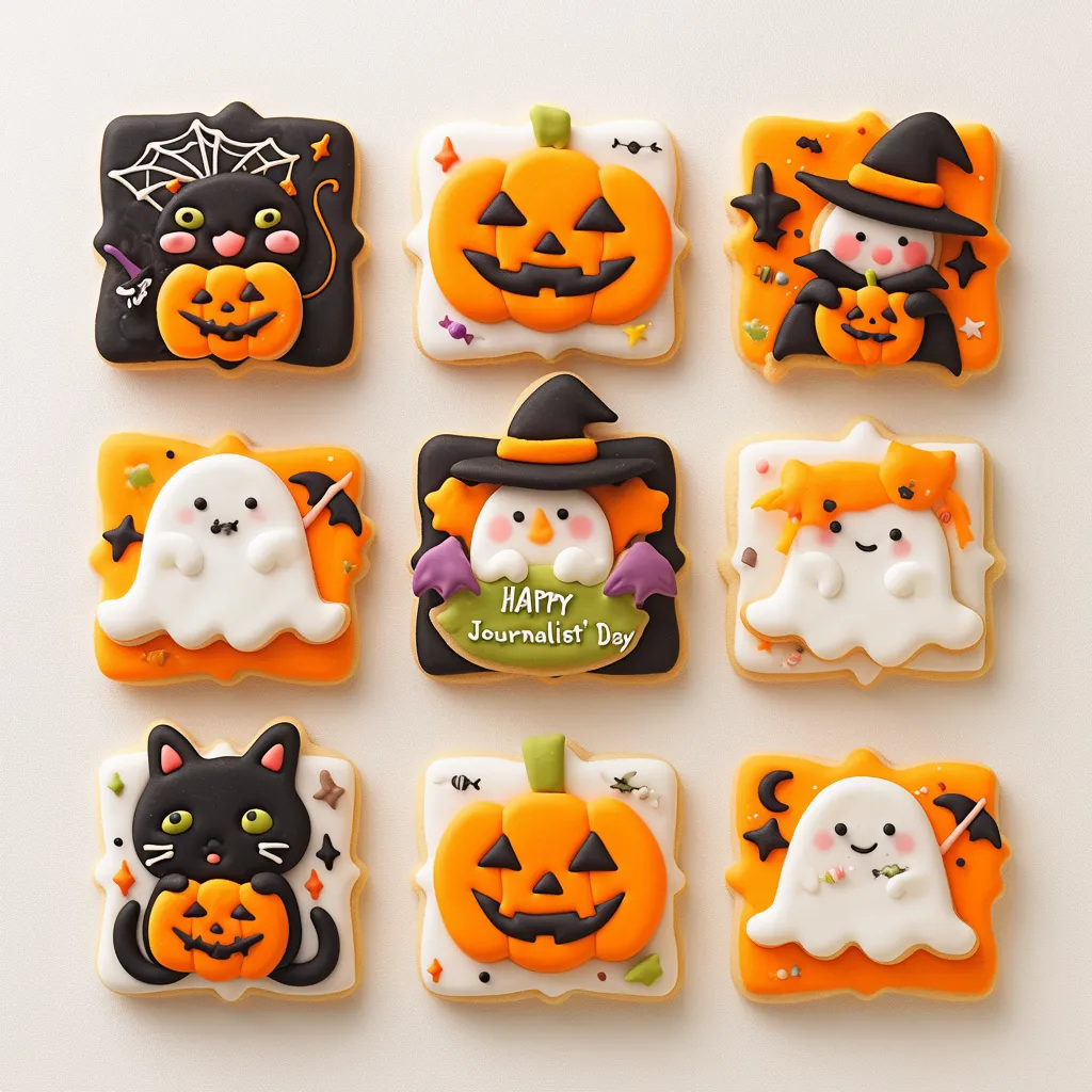 ハロウィンお菓子のまんまるデコクッキー｜ゴーストや魔女、黒猫が主役のデコレーションクッキー。全体に丸みを帯びたシルエットで、可愛らしさと柔らかさが際立つゆるデザイン。