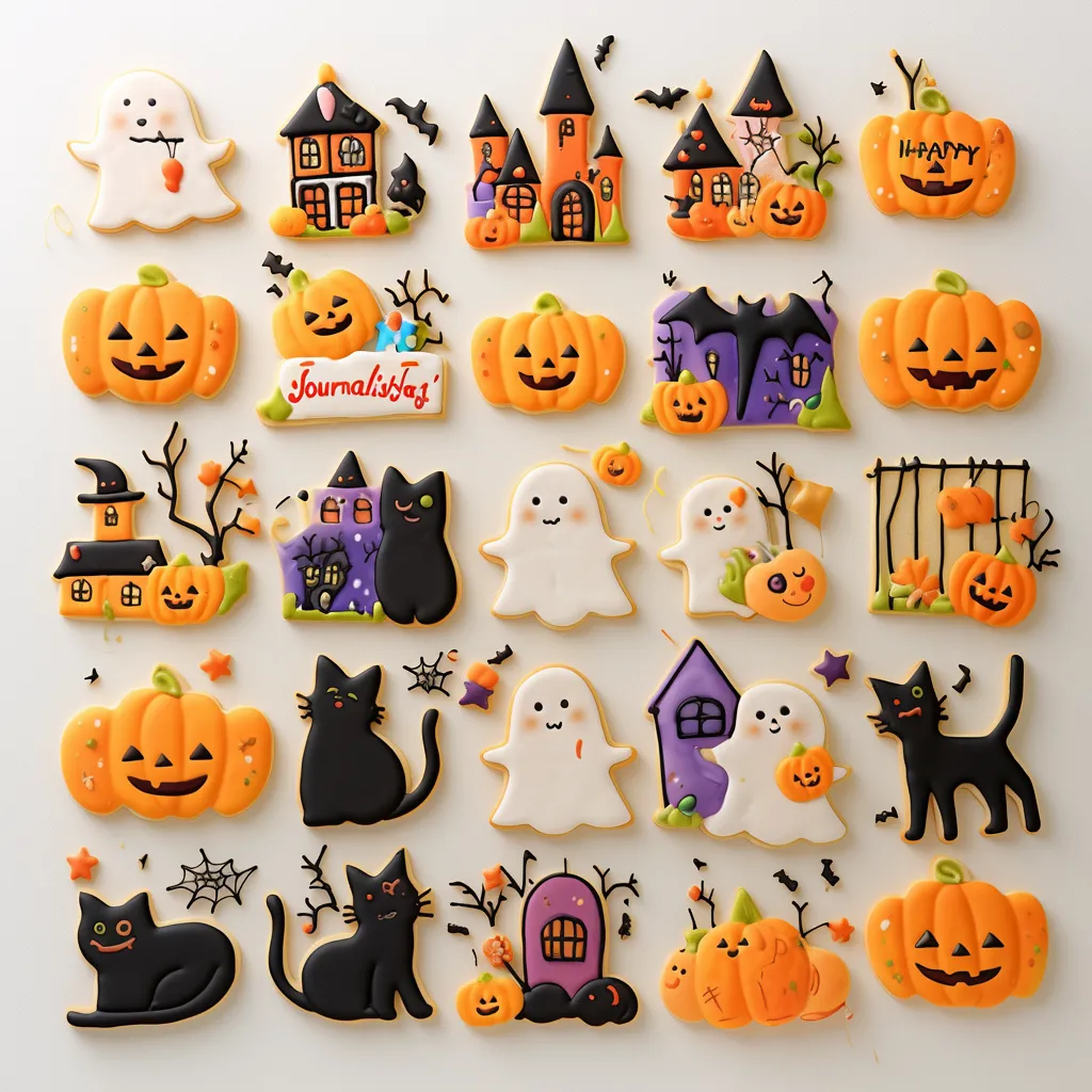 ハロウィンお菓子と街並みデザイン｜おばけ・黒猫・パンプキンに加え、ハロウィンタウン風の家々や塔が並ぶ壮観な構成。細部まで作り込まれた装飾がにぎやかで、絵本的な広がりを感じさせる。